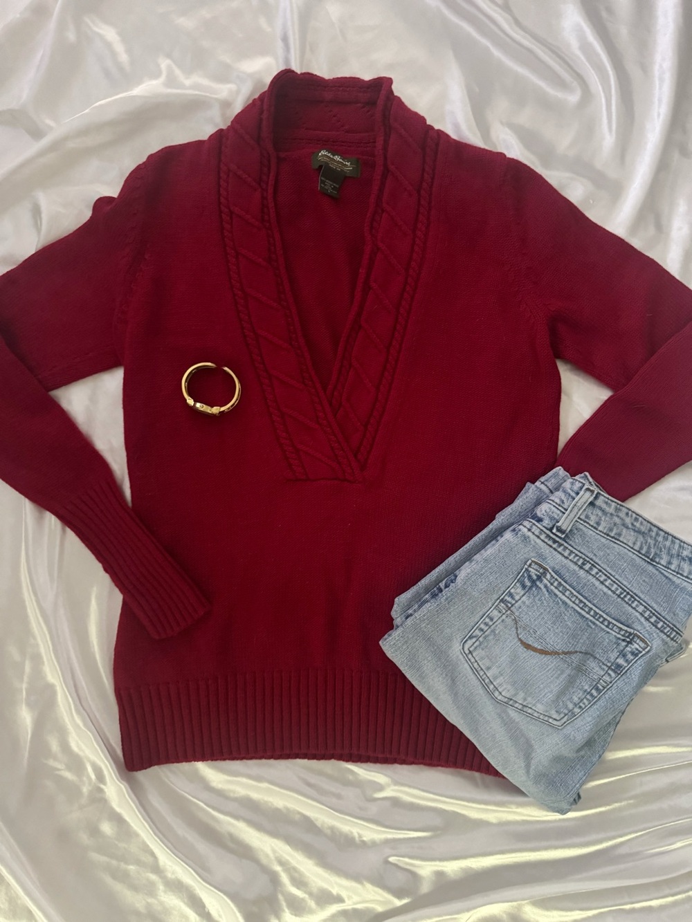 Eddie Bauer 100% wool Women's Deep Wine Cable-Trim Scoop Sweater